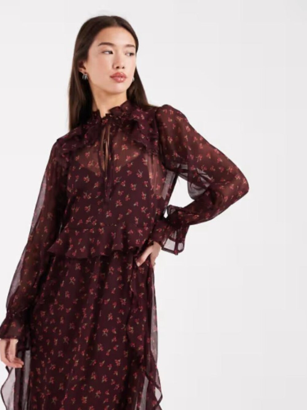 Wednesday's Girl High Neck Floaty Midaxi Dress | Floral Plum | Size M | NWT - Picture 3 of 4